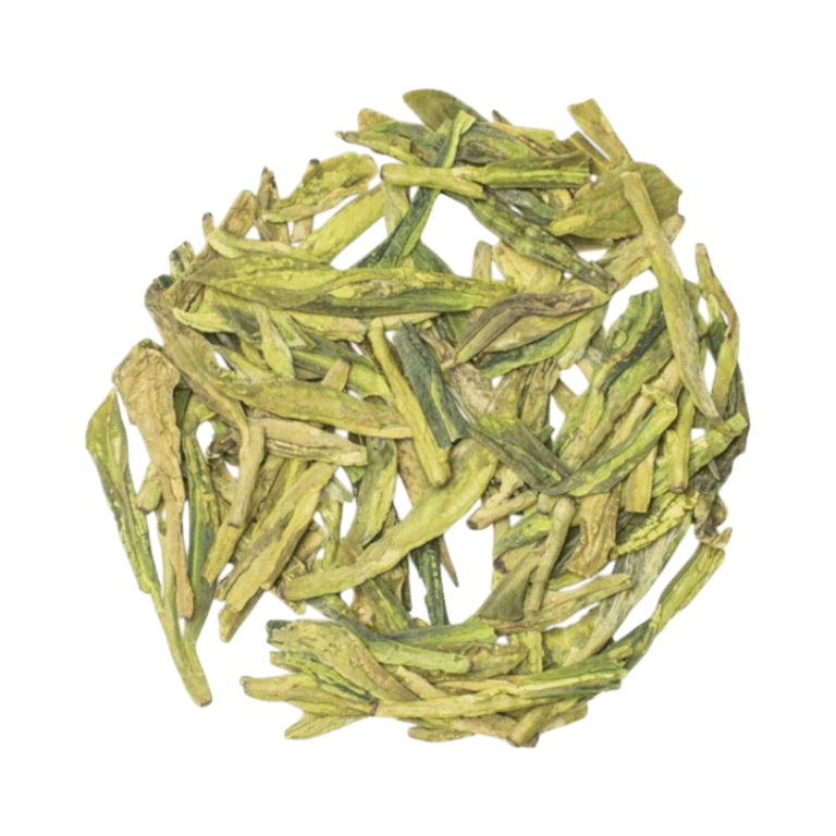 Xihu Long Jing green tea in an open teamotea tin, close up